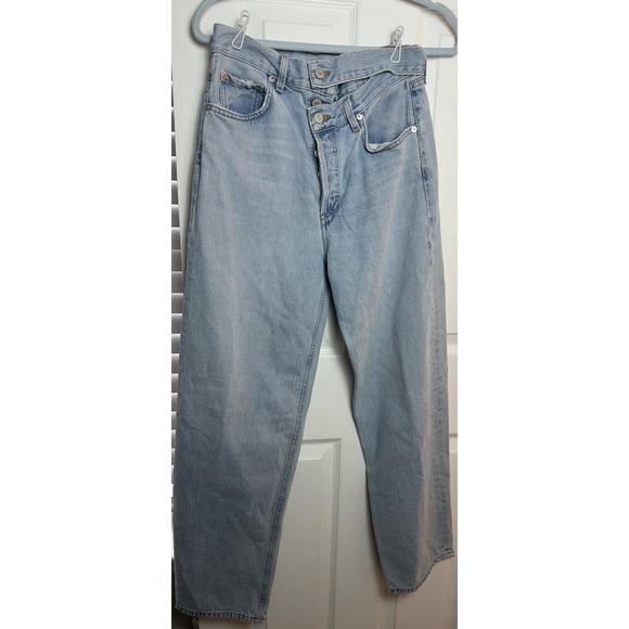 Agolde Criss Cross Upsize Jeans Light Wash Blue Asymmetric Button Fly Size 27